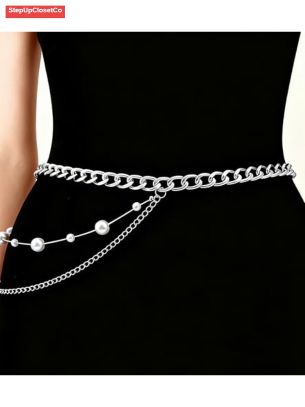 Women Body Chain Belt with Pearl, Silver Alloy Waist Chain, Plus Size Layered - Picture 4 of 6